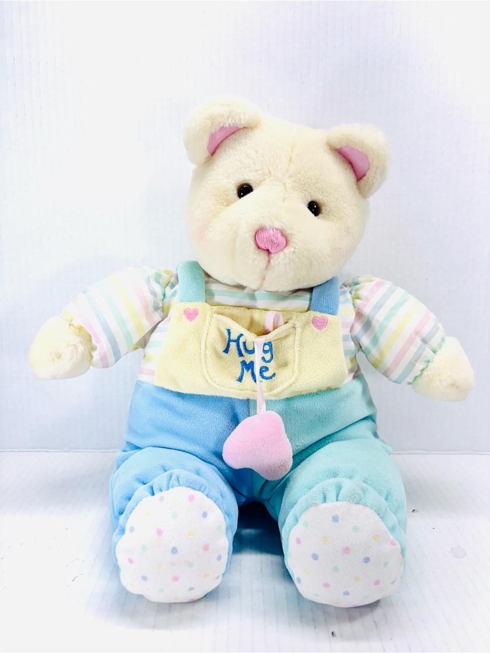 Eden 1990’s Pastel Stuffed Plush Talking Hug Me Bear With Heart Rattle 15”